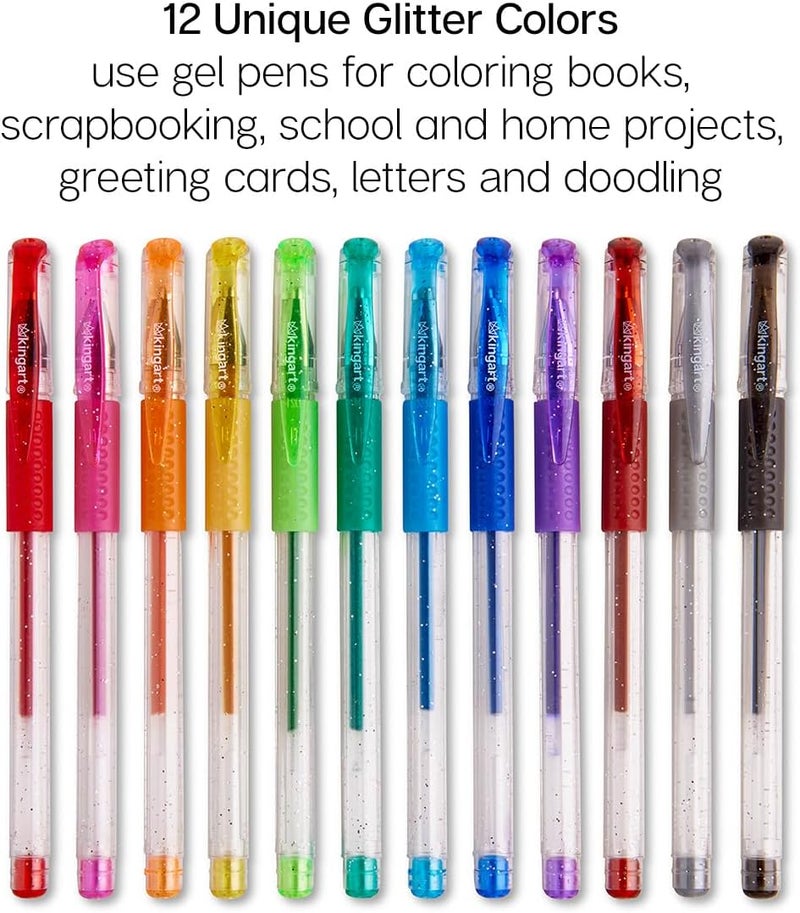 KINGART 400-12 Glitter 12 Pack with 50% More Ink Artists Soft Grip Gel Pen Set, One Size, Vivid Colors - Image 5