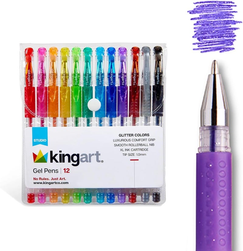 KINGART 400-12 Glitter 12 Pack with 50% More Ink Artists Soft Grip Gel Pen Set, One Size, Vivid Colors - Image 1