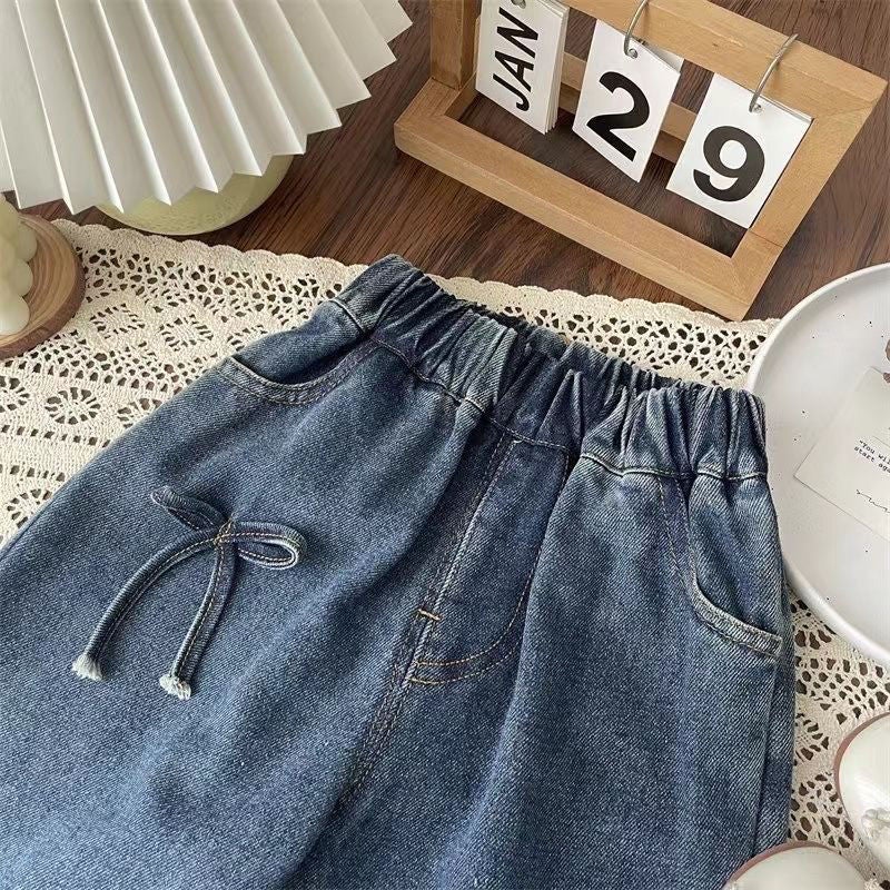 Spring & Fall Girls Baby Loose Version Kidsren'S Korean Bow Denim Straight Pants Wide Leg Pants - Image 3
