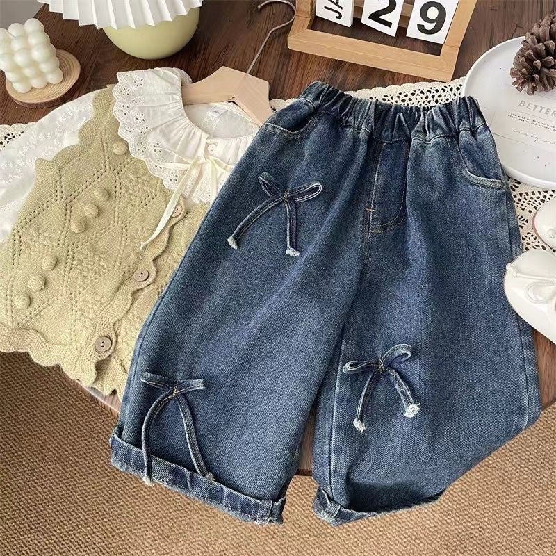Spring & Fall Girls Baby Loose Version Kidsren'S Korean Bow Denim Straight Pants Wide Leg Pants - Image 2