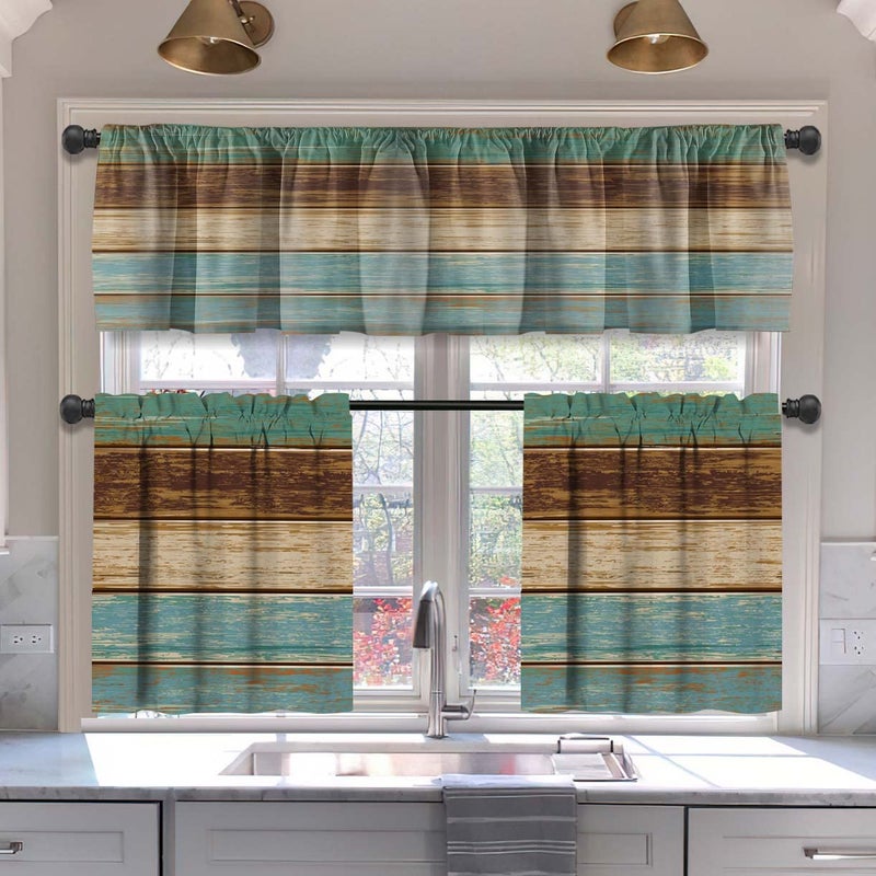 MCALK Teal and Brown Blackout Kitchen Curtains Tiers and Valances Set 3 Piece for Windows Farmhouse Kitchen Window Curtains SetWooden Texture Valances for Living Room36 Tiers Set