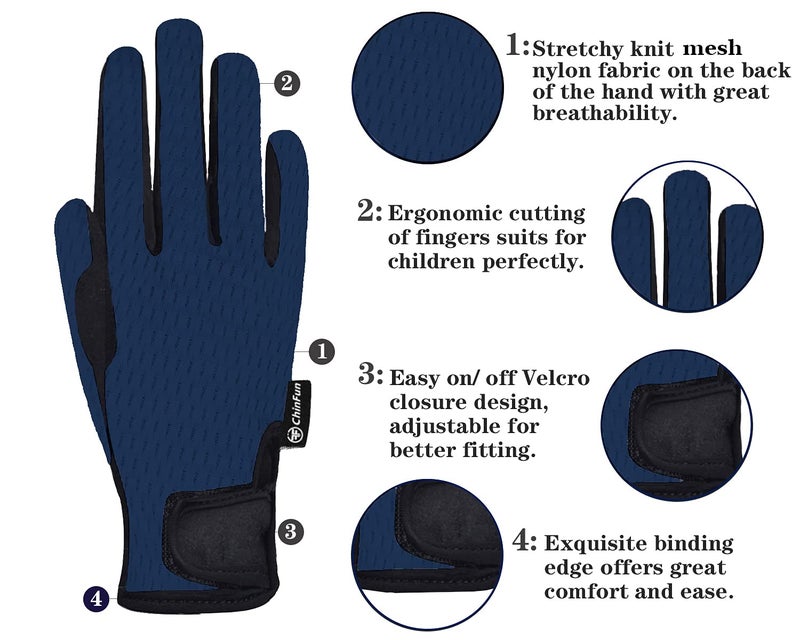 ChinFun Kids Horse Riding Gloves Child Summer Gloves Cycling Gloves Perfect for Cycling Riding Running Spring Outdoor Activities Cool Mesh Deep Blue Size S 6-8 - Image 2