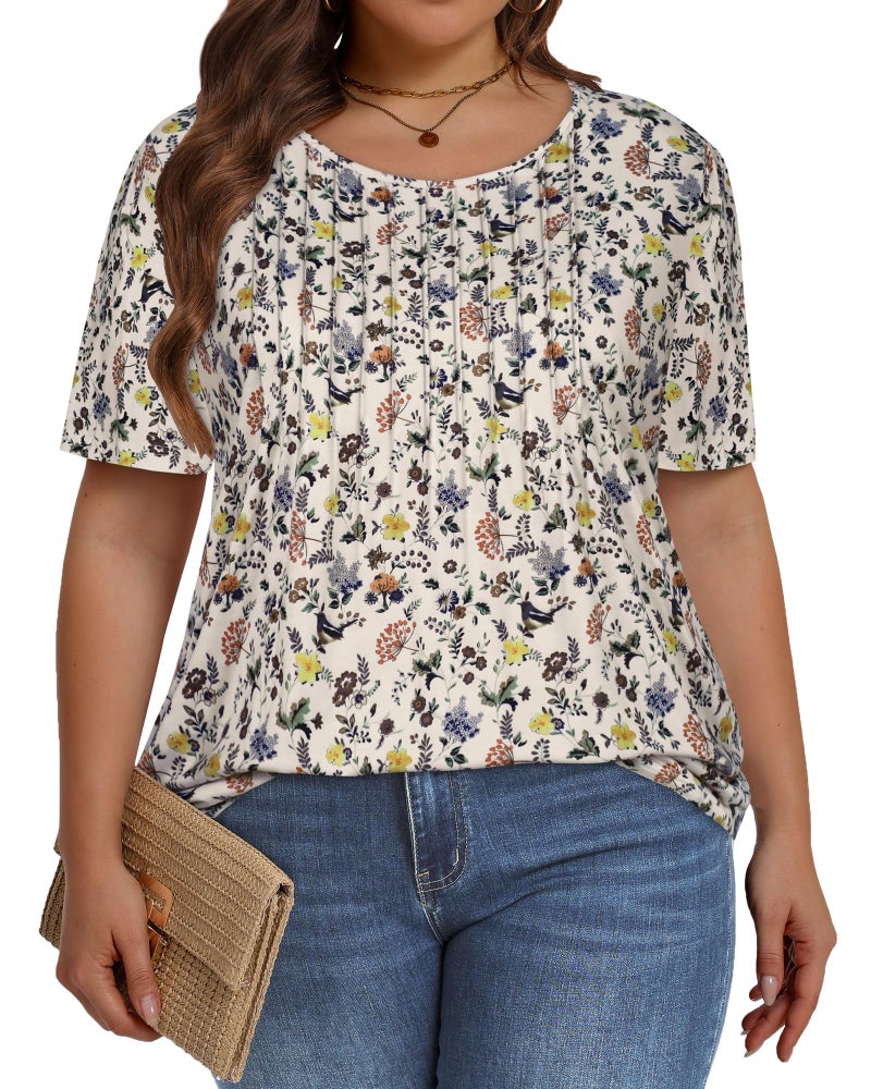 JOELLYUS Plus Size Tops for Women Pleated Summer Top Trendy Short Sleeve Shirts Casual Basic Tee Crew Neck Blouses (White Floral Print, 3XL) - Image 4