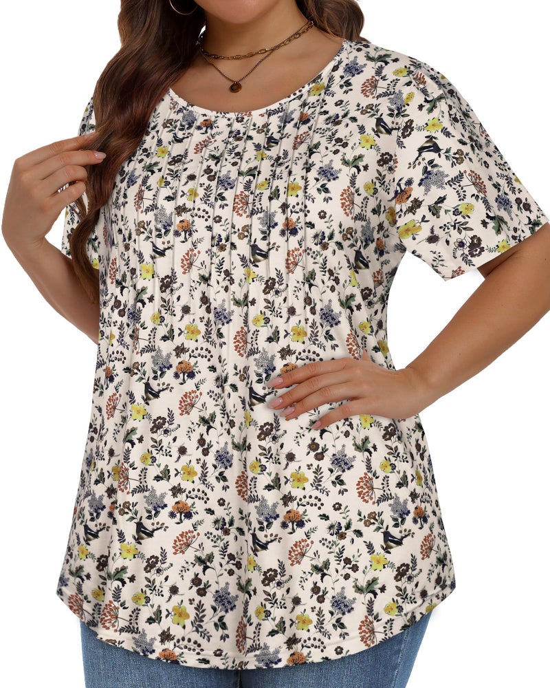 JOELLYUS Plus Size Tops for Women Pleated Summer Top Trendy Short Sleeve Shirts Casual Basic Tee Crew Neck Blouses (White Floral Print, 3XL) - Image 2