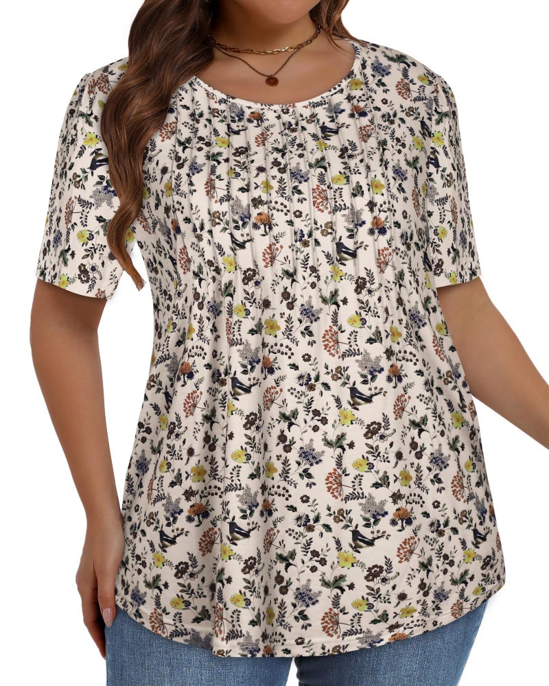 JOELLYUS Plus Size Tops for Women Pleated Summer Top Trendy Short Sleeve Shirts Casual Basic Tee Crew Neck Blouses (White Floral Print, 3XL) - Image 5