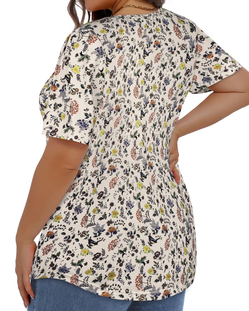 JOELLYUS Plus Size Tops for Women Pleated Summer Top Trendy Short Sleeve Shirts Casual Basic Tee Crew Neck Blouses (White Floral Print, 3XL) - Image 3