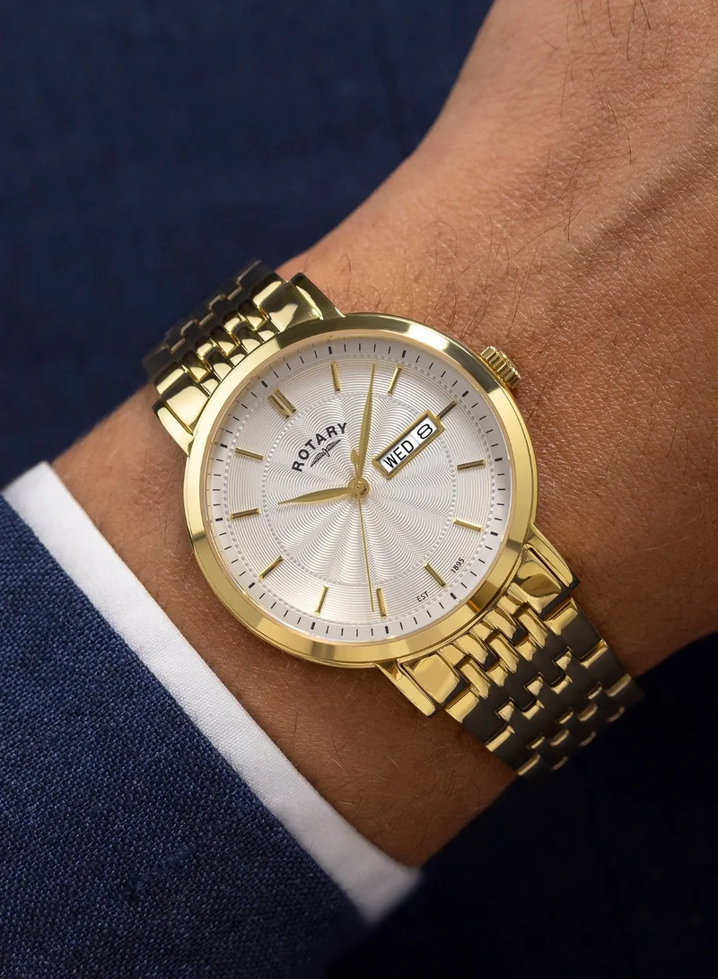 Rotary  Men's Heritage Analogue Watch, 37 mm, White Dial, Gold-Tone Steel Bracelet for Men | Best Price UAE