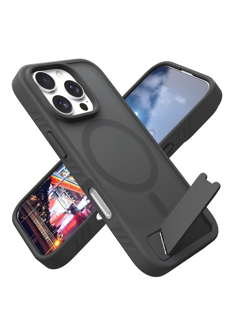 أسترالكسيفير حافظة قوية ومقاومة للصدمات لهاتف iPhone 16pro max - ظهر شبه شفاف باللون الأسود المصنفر | حامل مخفي (أفقي/رأسي) + مقبض مانع للانزلاق - Image 1