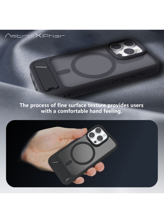 أسترالكسيفير حافظة قوية ومقاومة للصدمات لهاتف iPhone 16pro max - ظهر شبه شفاف باللون الأسود المصنفر | حامل مخفي (أفقي/رأسي) + مقبض مانع للانزلاق - Image 3