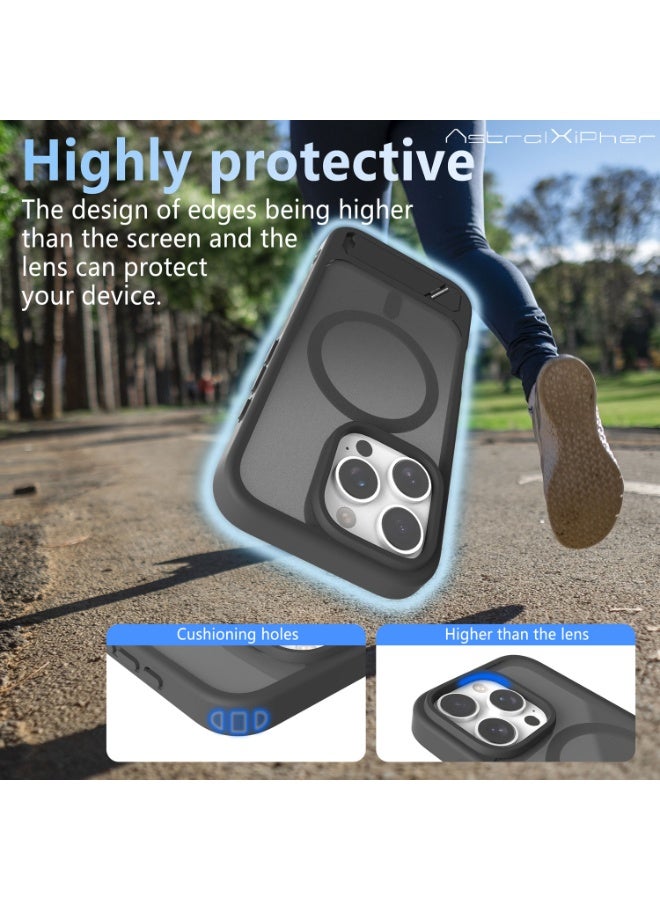 أسترالكسيفير حافظة قوية ومقاومة للصدمات لهاتف iPhone 16pro max - ظهر شبه شفاف باللون الأسود المصنفر | حامل مخفي (أفقي/رأسي) + مقبض مانع للانزلاق - Image 2