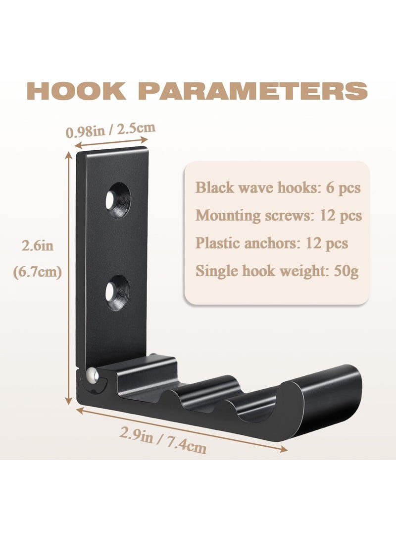 HOMESTAR 6 PCS Heavy Duty Folding Wall Hooks, Sturdy Black Wall Mounted Hooks for Coats, Towels, Backpacks, Bags, Space Saving Wave Design for Living Room, Bedroom Organization - Image 2