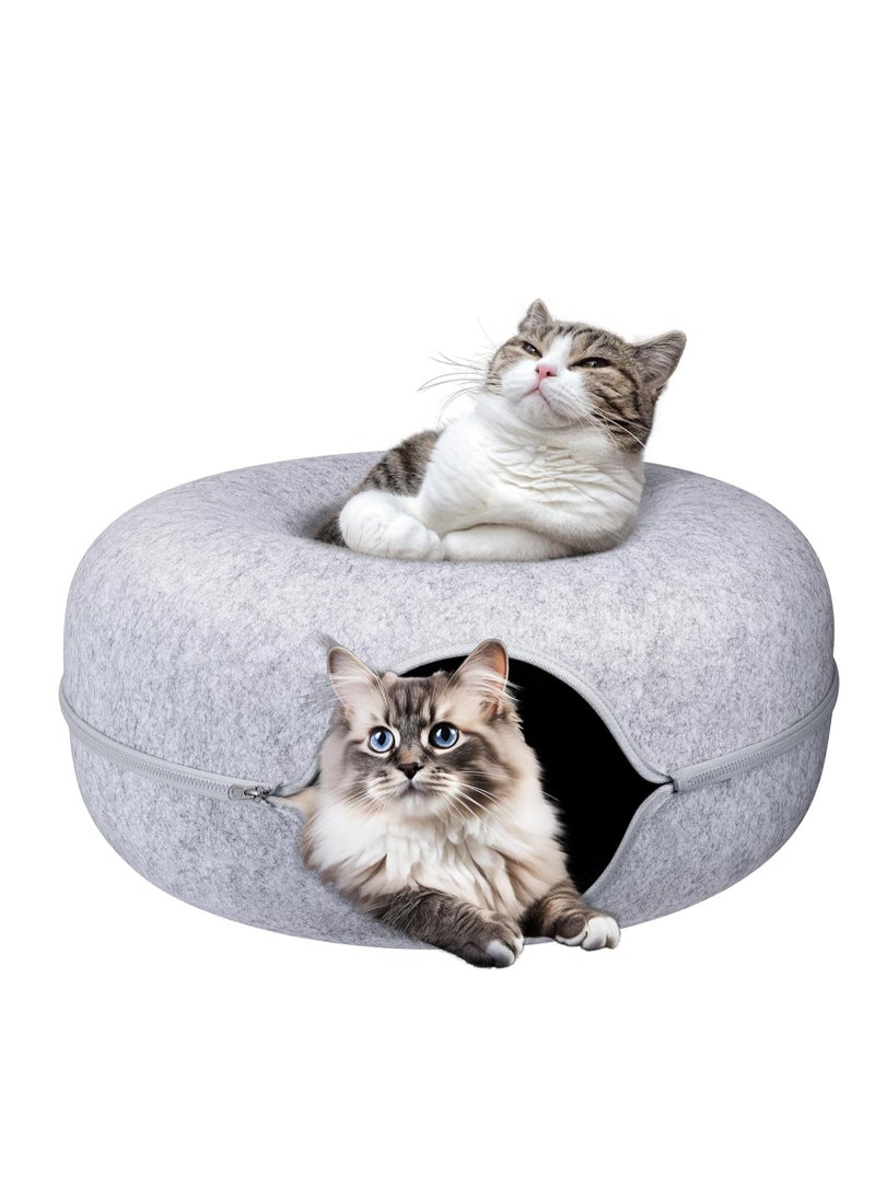 TRASSLE Cat Tunnel Bed,Detachable Felt Cat Nest,Round Donut Felt Pet Nest,Four Seasons Available cat nest,Semi-Closed Washable Cat Tunnel Nest (Light grey)  - Image 1