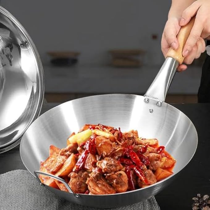 Unity Stainless Steel Wok Pan Stir Fry Pan Deep Frying Wok Frying Skillet With Wooden Handle  32Cm - Image 2