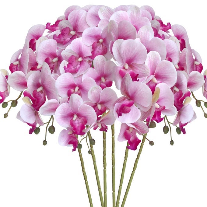 6 Pcs Artificial Orchid Flowers Artificial Phalaenopsis Flowers 32 Inch Stem Plants for Home Wedding Decoration White Flower Purple Core