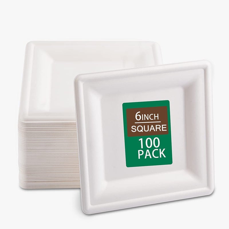 SUT 6Inch Compostable Paper Plates 100 PCS Square Biodegradable Bagasse Plates HeavyDuty Microwaveable Plates EcoFriendly Natural Disposable Plates Made of Sugarcane Fibers for Party Picnic