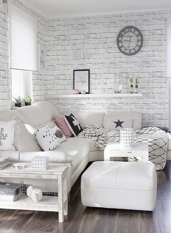 Timeet Brick Wallpaper Peel and Stick Wallpaper White Grey Brick Contact Paper 3D Brick Wall Paper Stick and Peel Wallpaper Removable for Bedroom Living Room Decoration 17.7in x 78.7in - Image 3