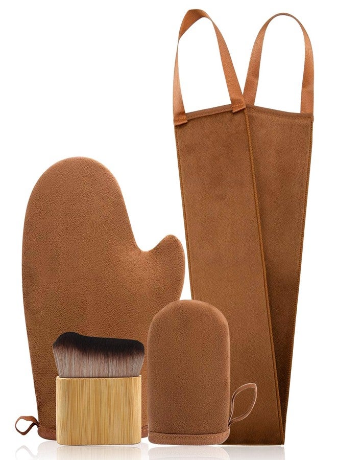 FUNAN Self Tanning Applicator Kit with Tanning Glove for Self Tan Mitt, Back Lotion Applicator, Mini Mitt and Ultra Soft Self Tanner Brush Bamboo Kabuki Brush, Brown - Image 1