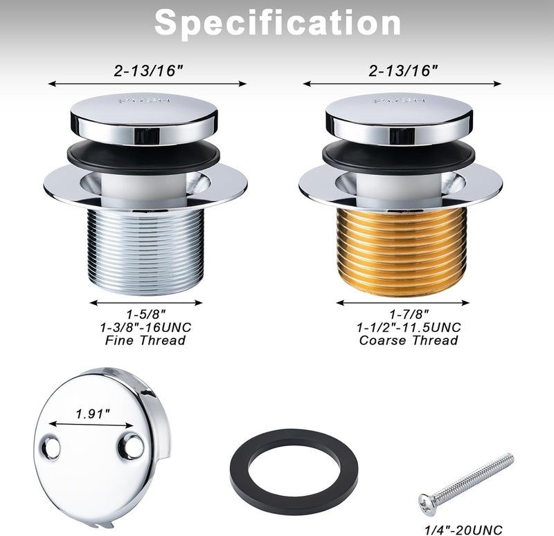 BOOMIBOO Bathtub Drain Tip-Toe Trim Set with Two-Hole Overflow Faceplate, Bath Tub Drains Conversion Kit with Universal Fine/Coarse Thread, Replacement Bathtub Drain Stopper Assembly, Chrome Plated - Image 5