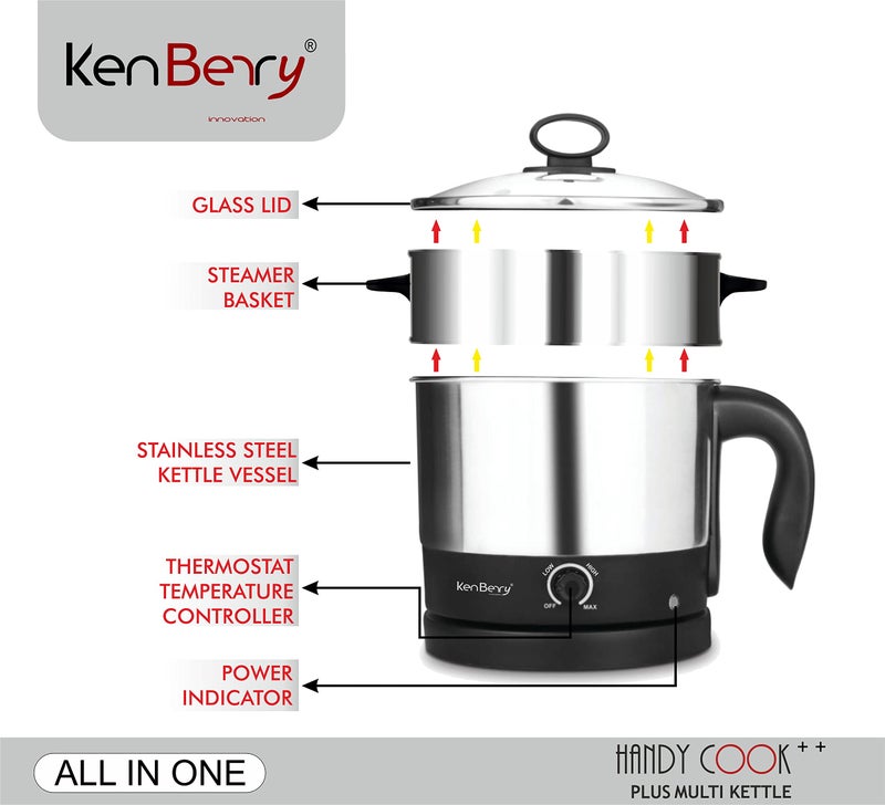 KenBerry Handy Cook Multi Cooker Stainless Steel Electric Kettle | Travel and Baby Food Kettle (1.5 L, Steel/Black With Steaming Bowl Attachment) - Image 2