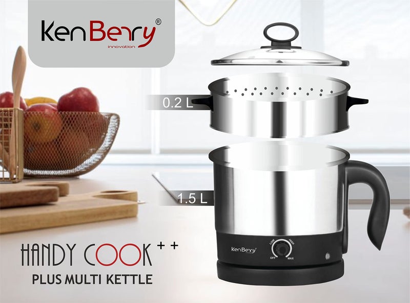 KenBerry Handy Cook Multi Cooker Stainless Steel Electric Kettle | Travel and Baby Food Kettle (1.5 L, Steel/Black With Steaming Bowl Attachment) - Image 3