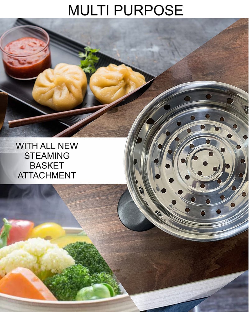KenBerry Handy Cook Multi Cooker Stainless Steel Electric Kettle | Travel and Baby Food Kettle (1.5 L, Steel/Black With Steaming Bowl Attachment) - Image 4