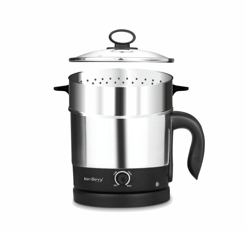 KenBerry Handy Cook Multi Cooker Stainless Steel Electric Kettle | Travel and Baby Food Kettle (1.5 L, Steel/Black With Steaming Bowl Attachment) - Image 5