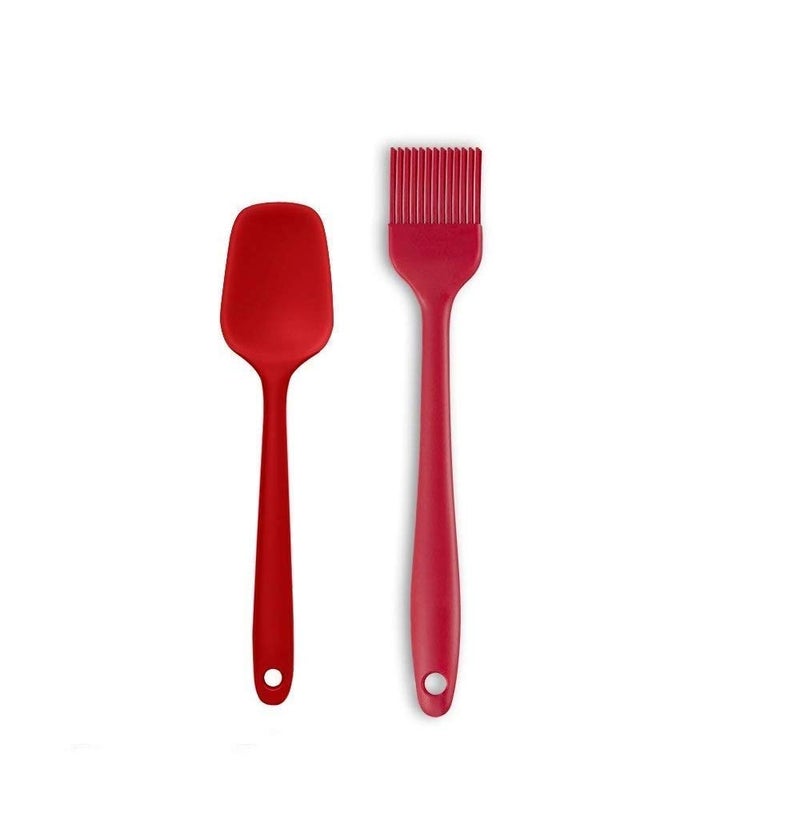 we3 Multi Purpose Heat Resistance Silicone Spatula Turner Non-Stick Silicone Kitchen Tools FDA Approved Piece of 2 Red|Spatula Spoon M 20.6cm+Silicone Basting Brush 21cm - Image 1