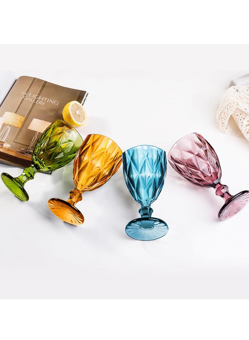 Vintage Wine Glasses Set of 4, Plastic Reusable 12 Ounce Colored Water Goblets, Unique Embossed Pattern Unbreakable Stemmed Wine Glasses, High Clear Wedding Party Bar Drinking Cups Multicolor  - Image 3