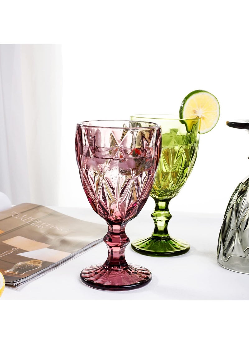 Vintage Wine Glasses Set of 4, Plastic Reusable 12 Ounce Colored Water Goblets, Unique Embossed Pattern Unbreakable Stemmed Wine Glasses, High Clear Wedding Party Bar Drinking Cups Multicolor  - Image 4