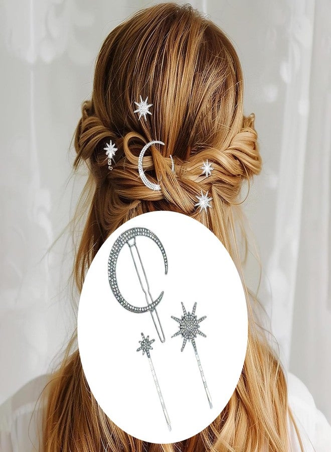 LINYUEARUI Star & Moon Hair Clips 6pcs - Vintage Rhinestone Bobby Pins for Women, Decorative Hair Pins Metal Alloy Crystal Hair Accessories, Bridal Party Wedding Hair Clips (Silver, Gold) - Image 4