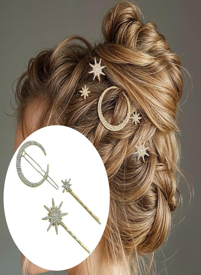 LINYUEARUI Star & Moon Hair Clips 6pcs - Vintage Rhinestone Bobby Pins for Women, Decorative Hair Pins Metal Alloy Crystal Hair Accessories, Bridal Party Wedding Hair Clips (Silver, Gold) - Image 3
