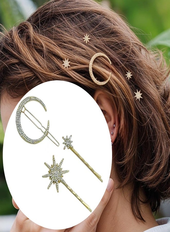 LINYUEARUI Star & Moon Hair Clips 6pcs - Vintage Rhinestone Bobby Pins for Women, Decorative Hair Pins Metal Alloy Crystal Hair Accessories, Bridal Party Wedding Hair Clips (Silver, Gold) - Image 5