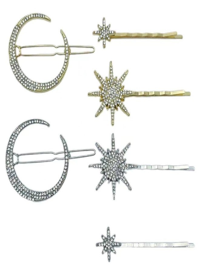 LINYUEARUI Star & Moon Hair Clips 6pcs - Vintage Rhinestone Bobby Pins for Women, Decorative Hair Pins Metal Alloy Crystal Hair Accessories, Bridal Party Wedding Hair Clips (Silver, Gold) - Image 1