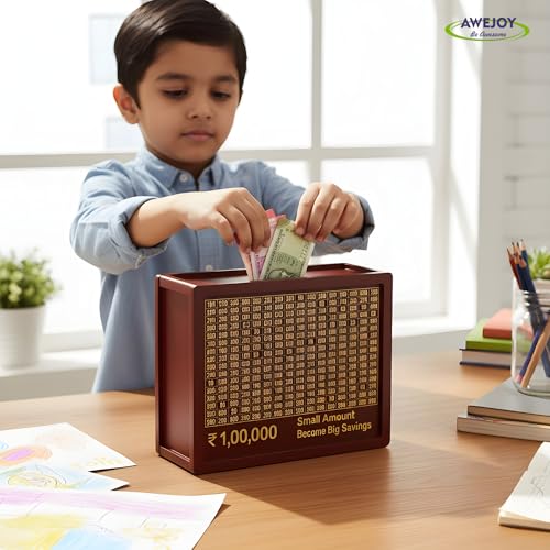 AWEJOY Wooden Piggy Bank Money Saving Box | ₹1,00,000 Target Tracker | Piggy Box with Denomination Grid & Marker | Wooden Savings Bank for Adults & Kids | Budgeting & Financial Goal Organizer - Image 3