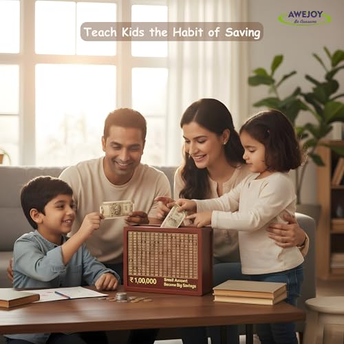 AWEJOY Wooden Piggy Bank Money Saving Box | ₹1,00,000 Target Tracker | Piggy Box with Denomination Grid & Marker | Wooden Savings Bank for Adults & Kids | Budgeting & Financial Goal Organizer - Image 4