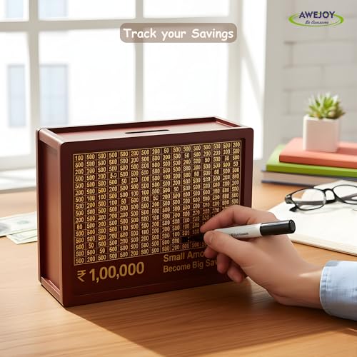AWEJOY Wooden Piggy Bank Money Saving Box | ₹1,00,000 Target Tracker | Piggy Box with Denomination Grid & Marker | Wooden Savings Bank for Adults & Kids | Budgeting & Financial Goal Organizer - Image 2