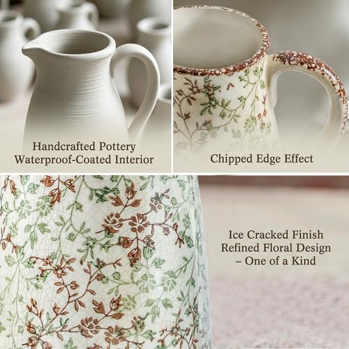 Enra 12.2" Large Pitcher Vase with Handle, Ice Cracked Chinoiserie Green and Beige Floral Ceramic Vase, Handcrafted Rustic Farmhouse Vase for Home Decor, Living Room Centerpiece, Wedding Gift - Image 3