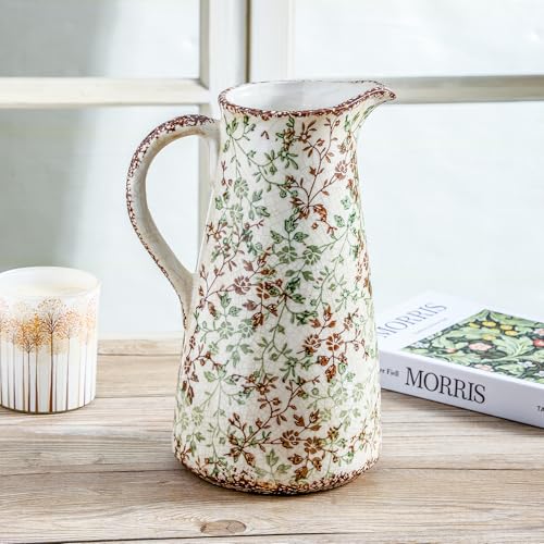 Enra 12.2" Large Pitcher Vase with Handle, Ice Cracked Chinoiserie Green and Beige Floral Ceramic Vase, Handcrafted Rustic Farmhouse Vase for Home Decor, Living Room Centerpiece, Wedding Gift - Image 4