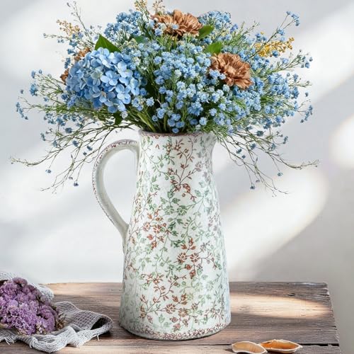 Enra 12.2" Large Pitcher Vase with Handle, Ice Cracked Chinoiserie Green and Beige Floral Ceramic Vase, Handcrafted Rustic Farmhouse Vase for Home Decor, Living Room Centerpiece, Wedding Gift - Image 1