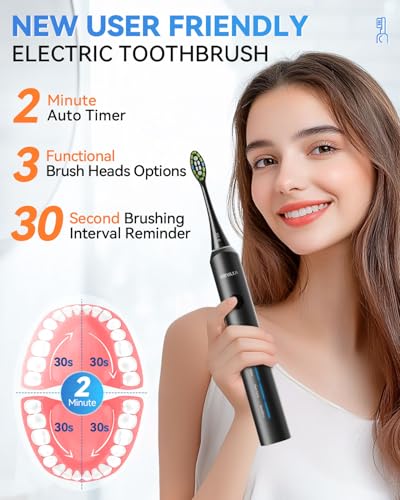HEYAXA Sonic Electric Toothbrush with 40000VPM Cleaning Power for AdultsKids 60Day Battery Life Rechargeable Power Toothbrush with 5 Modes 2Min Smart Timer 7 Brush Heads Travel Case Black - Image 3
