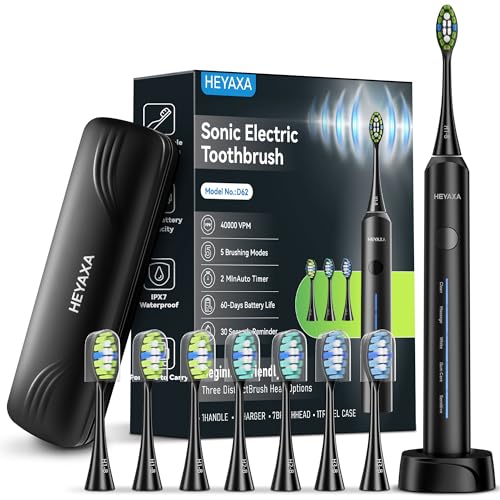 HEYAXA Sonic Electric Toothbrush with 40000VPM Cleaning Power for AdultsKids 60Day Battery Life Rechargeable Power Toothbrush with 5 Modes 2Min Smart Timer 7 Brush Heads Travel Case Black - Image 1