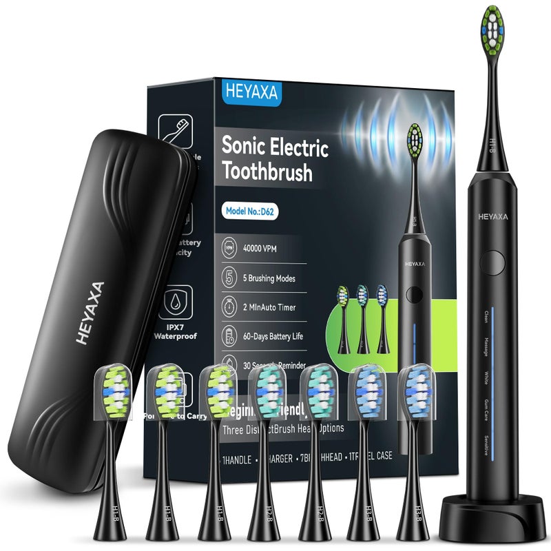 HEYAXA Sonic Electric Toothbrush with 40000VPM Cleaning Power for AdultsKids 60Day Battery Life Rechargeable Power Toothbrush with 5 Modes 2Min Smart Timer 7 Brush Heads Travel Case Black - Image 2