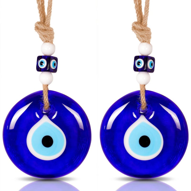 BCS  2 Pcs Blue Evil Eye Decor Home Wall Hanging 35 Glass Handmade Turkish Nazar Amulet Good Luck and Protection Charm