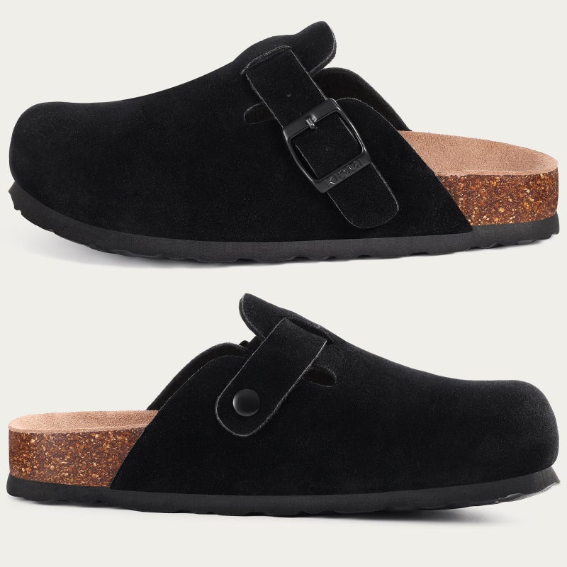 KIDMI Unisex Vegan Suede Clogs Leather Mules Womens Mens Cork Footbed Potato Shoes with Arch Support, Vegan Suede Black, Size 44 - Image 5