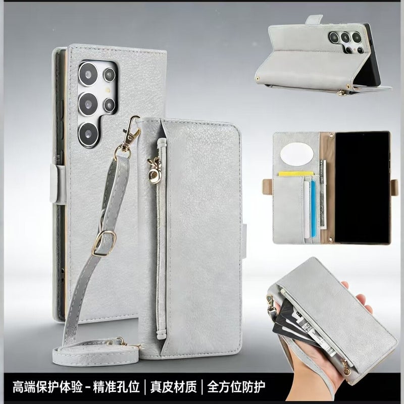 Leather Case Texture for Samsung Galaxy A15 with Lanyard and Card Holder and Kickstand and Mirror in White - Image 2