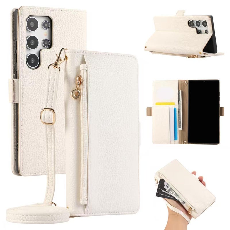 Leather Case Texture for Samsung Galaxy A15 with Lanyard and Card Holder and Kickstand and Mirror in White - Image 1