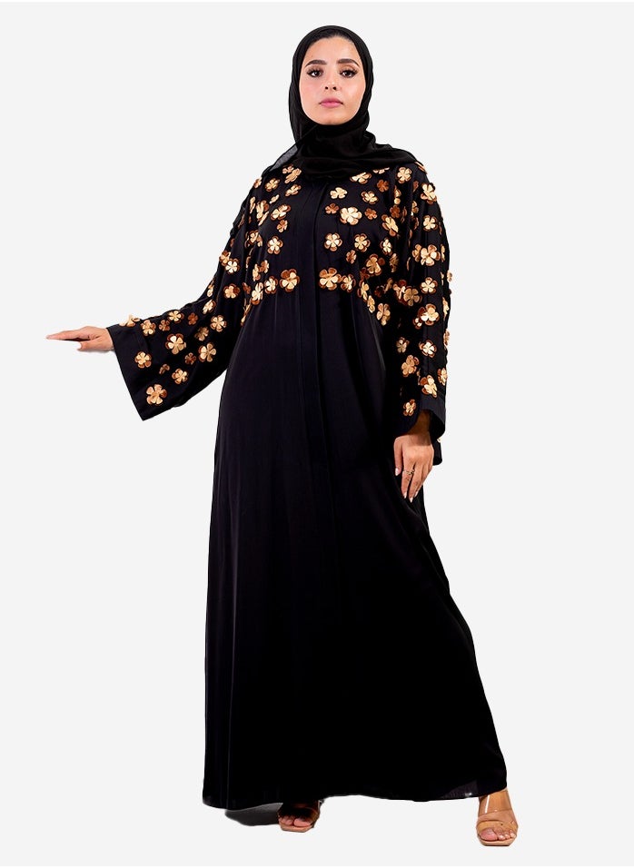 Generic - Black silk abaya with beige laser rose - Image 1