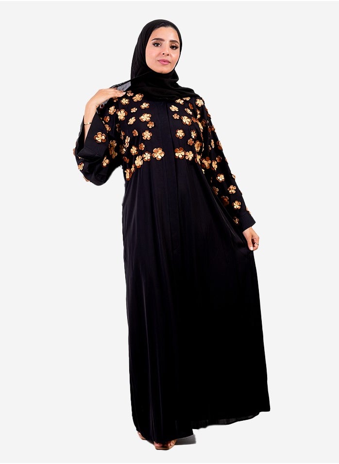Generic - Black silk abaya with beige laser rose - Image 1