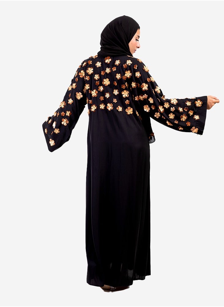 Generic - Black silk abaya with beige laser rose - Image 1