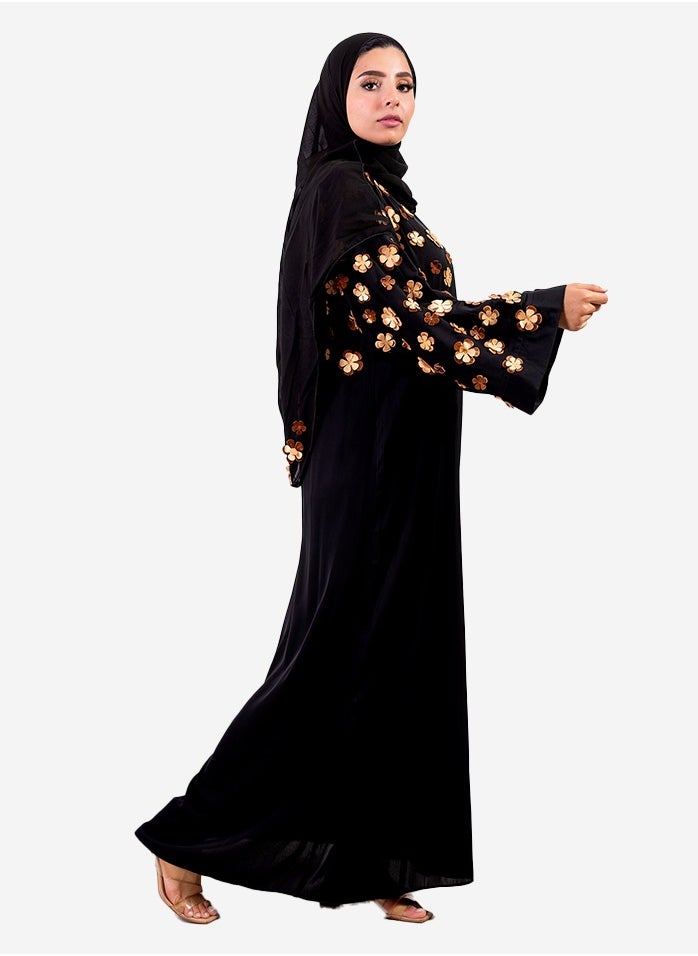 Generic - Black silk abaya with beige laser rose - Image 1